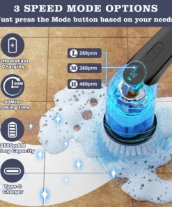 YKYI Electric Spin Scrubber,Cordless Cleaning Brush,Shower Cleaning Brush with 8 Replaceable Brush Heads, Power Scrubber 3 Adjustable Speeds,Adjustable & Detachable Long Handle,Voice Broadcast 31 91MNnzE2KvL