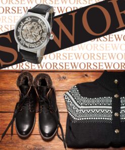 Alternative view of SEWOR Men's Mechanical Skeleton Transparent Vintage Style Leather Wrist Watch Black