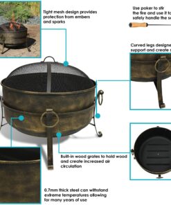 Sunnydaze 24-Inch Cauldron Style Outdoor Fire Pit Bowl with Spark Screen, Log Poker, and Wood Grate - Dark Bronze Finish 24 in 16 91N55wMPW0L
