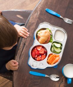 Innobaby Stainless Bus Plate with Airtight Sectional Lid, The Original, Leak-Resistant Divided Platter, Mom Invented Fun Shape Plate Din Din Smart for Babies, Toddlers and Kids, BPA Free Plate, Blue 25 91NHcDsosIL