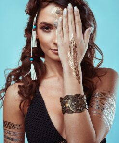 Terra Tattoos Gold Black Metallic Henna Temporary Tattoos Designs Elephants, Flowers, Stars & more! Waterproof Nontoxic Long Lasting Perfect for Beach, Festivals, & Parties (Gypsy) Gypsy 26 91Nf7qQTyL