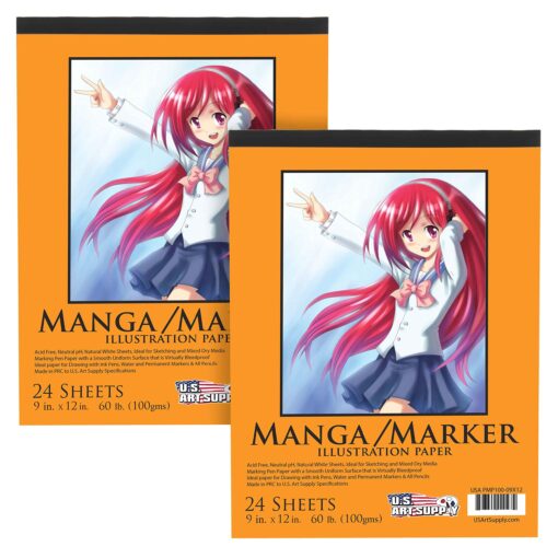 U.S. Art Supply 9" x 12" Premium Manga-Marker Paper Pad, 60 Pound (100gsm), Pad of 24-Sheets (Pack of 2 Pads) 9" x 12"