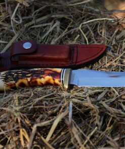 Uncle Henry 153UH Golden Spike Fixed Blade Knife with 5in High Carbon S.S. Blade, Staglon Handle, Sharpening Stone, Full Tang, and Leather Sheath for Hunting, Skinning, Camping, and Outdoors 153UH Golden Spike (Box) 24 91OBdj5SwzL
