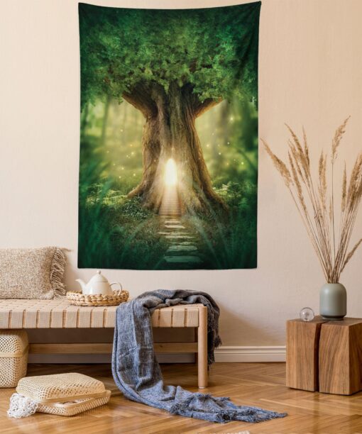 Ambesonne Tree Tapestry, Tree of Life Themed Arrangement with Thirving Jungle Spring Season, Wall Hanging for Bedroom Living Room Dorm Decor, 40" X 60", Brown Yellow Satin 40" Width X 60" Length