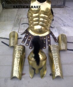 Muscle Armor Breastplate with Greek Spartan Helmet and Leg or Arm Guard - Brass