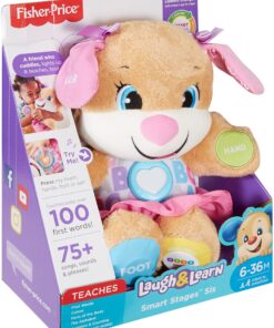 Fisher-Price Laugh & Learn Baby & Toddler Toy Smart Stages Sis With Pink Skirt and Purple Bows, Interactive Plush Dog with Music Lights & Learning Content for Ages 6+ Months Sis - Pink 51 91PriQNmseL