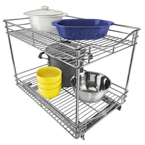 LYNK PROFESSIONAL® Pull Out Cabinet Organizer (2 Tier) Slide Out Drawers for Kitchen Cabinets - 14" D x 18" W - Sliding Pantry Shelves - Roll Out Shelf for Pots, Pans - Lifetime Ltd Warranty – Chrome 14x18 Dbl Chrome