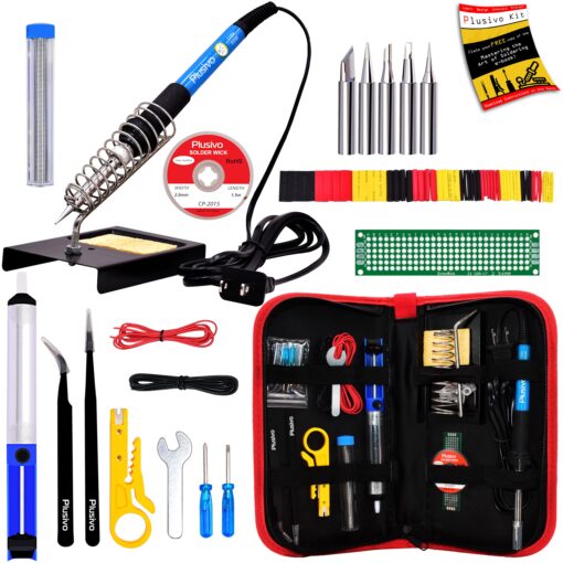 Soldering Iron Kit - 60 W Adjustable Temperature, Solder Wire, Tweezers, Soldering Iron Stand and Tips Set, Desoldering Pump, Solder Wick, Heatshrink Tubes [110 V, US Plug]