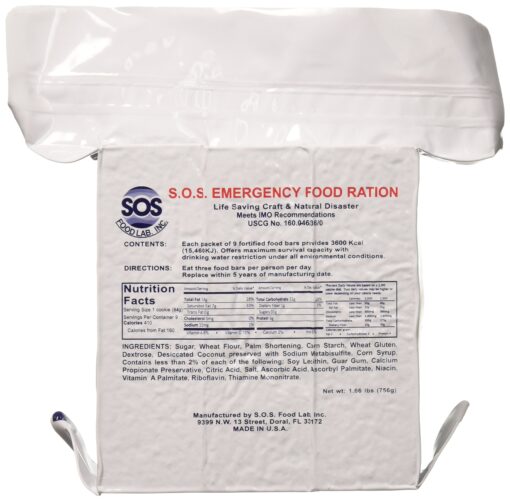 SOS Food Labs, Inc. 185000825 S.O.S. Rations Emergency 3600 Calorie Food bar - 3 Day/ 72 Hour Package with 5 Year Shelf Life, 5" Height, 2" Wide, 4.5" Length 3600 Cal 1 Count (Pack of 1)