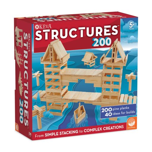 KEVA Structures 200 Wood Building Planks Set - Building Toy Includes 200 Wooden Blocks and Idea Book - Ages 5 and Up