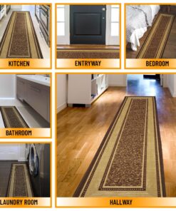 Machine Washable Bordered Design Non-Slip Rubberback 2x7 Traditional Runner Rug for Hallway, Kitchen, Bedroom, Living Room, 1'10" x 7', Brown Border Dark Brown Runner - 1'10" x 7' 29 91SH9i1RzFL