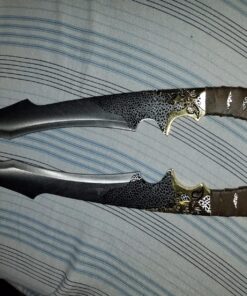 K Exclusive Jungle Suede Flyers Twin Sword Set with Nylon Scabbard - Stainless Steel Blades, Leopard Design, Genuine Suede Wrapped Handles, Gold-Plated Accents, Lanyard Holes, Length 19" 21 91SHHxImkvL