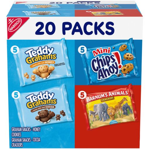 Nabisco Fun Shapes Variety Pack, Barnum's Animal Crackers, Teddy Grahams and CHIPS AHOY! Cookies, 20 Snack Packs 1 Ounce (Pack of 20)