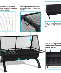 Sunnydaze 36-Inch Northland Outdoor Rectangular Fire Pit with Cooking Grill, Poker, and Spark Screen - Black Finish 28 91SYyGnA4YL