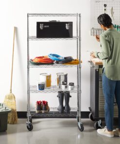 Amazon Basics 5-Shelf Medium Adjustable, Heavy Duty Storage Shelving Unit on 4'' Wheel Casters, Metal Organizer Wire Rack, Chrome, 30" L x 14" W x 64.8" H With Wheels 23 91VnUgNjBjL