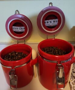 Canister Sets For The Kitchen (4 Piece Set) Red, High Gloss Ceramic | By Home Basics | Decorative | With Wooden Spoons, Countertop Set For Flour, Sugar, Coffee, and Snacks 28 91VrRkhyoQL