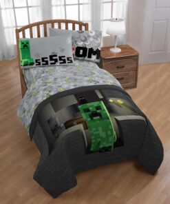 Jay Franco Mojang Minecraft Spawn Gray 4 Piece Full Sheet Set with Creeper… Gray - Minecraft 12 91W0Sy9wHSL