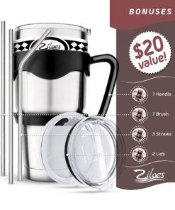 Travel Mug 30 Oz. Stainless Steel Tumbler -Removable Handle | Sliding & Regular Lid, 3 Straws & Cleaning Brush | Double Wall Vacuum Insulated Rambler Suitable For Coffee Hot & Cold Drinks By Ziloes 13 91WSnAF5yiL