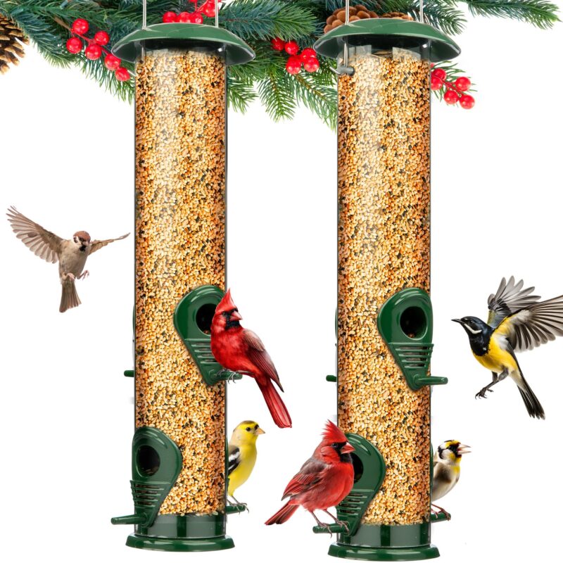 Catalog 2 Metal Hanging Bird Feeder Tube, 4-Port, 2-Pack Hanging Bird Feeders for Outdoors, Heavy Duty Chew-Proof and Rust-Proof Metal, 15 Inches 4-Ports