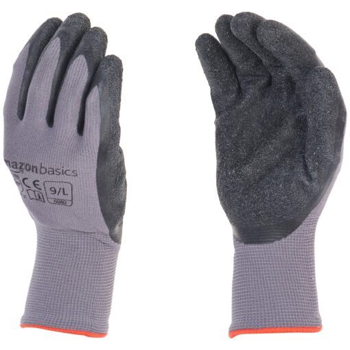 Amazon Basics Latex Coated Work Gloves, Nylon Liner Fiber, Grey, Size 9, L, 12-Pair