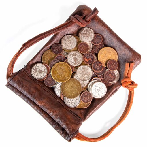 The Dragon's Hoard: 60 Real Metal Fantasy Coins with Leather Pouch | Board Game Accessory for Tabletop RPG Role-Play Strategy Games | Bronze, Silver, and Gold Colored Coins