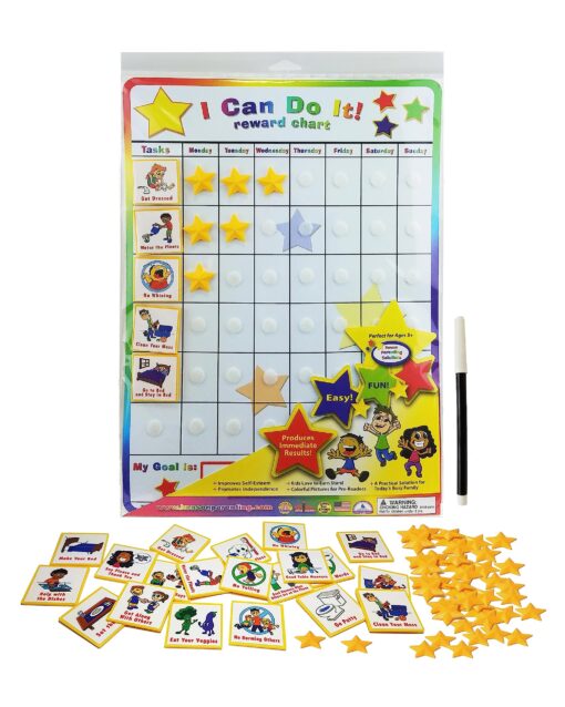 Fun Behavior Reward Chart for Kids – I Can Do It! Chore Chart for Kids with 3D Stars & Tiles – Good-Behavior Chart for Kids at Home or School for Focus, Responsibility, & More by Kenson Kids, 66 Pcs.