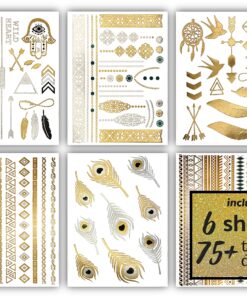 Terra Tattoos Metallic Gold Henna Temporary Tats 75+ Mandala Tattoos Feathers, Dream Catcher, Arrows Waterproof Nontoxic Long Lasting for Beach, Festivals, & Parties 23 91YBjYHAftL