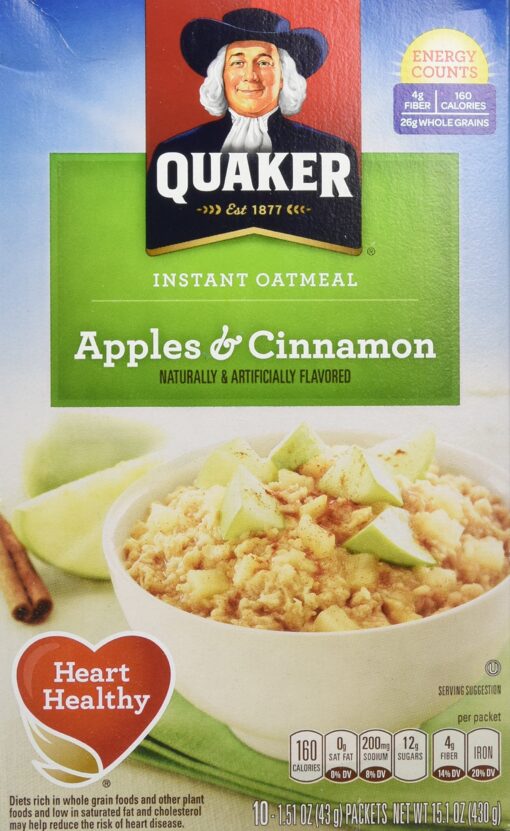 Quaker Instant Oatmeal, Apples & Cinnamon, Breakfast Cereal, 15.1 Ounce, (Pack of 4) Apples and Cinnamon Oatmeal 15.1 Ounce Box