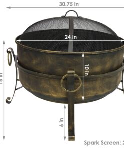 Sunnydaze 24-Inch Cauldron Style Outdoor Fire Pit Bowl with Spark Screen, Log Poker, and Wood Grate - Dark Bronze Finish 24 in 15 91Z7ATSNw8L