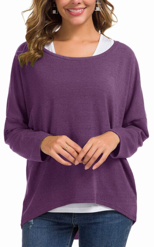 UGET Women's Oversized Baggy Tops Loose Fitting Pullover Casual Blouse T-Shirt Sweater Batwing Sleeve Large Purple