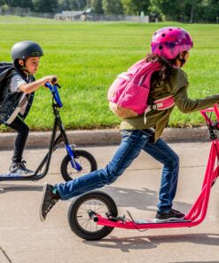 Mongoose Expo Youth Kick Scooter, Suggested for Riders with Ages 6 to 9 Years Old, Max. Weight of 175 lbs., Front and Rear Caliper Brakes, Rear Axle Pegs, 12-Inch Inflatable Wheels Black/Blue 29 91aSpiDEYGL