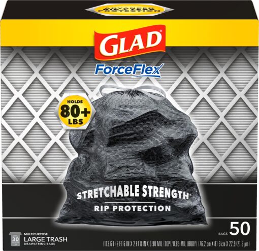 Glad Large Drawstring Trash Bags, ForceFlex 30 Gallon Black Trash Bags, 50 Count 50 Count (Pack of 1)