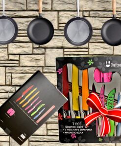 Chefcoo Kitchen Knife Set Plus Magnetic Strip and Sharpener One Cutlery Knives-Best Color Cooking Gadgets-Includes Cheese, Pizza, Paring, 14.5 x 10.9 x 1.5 inches, Red, Yellow, Blue, Green, Pink 19 91bpFdgzj7L