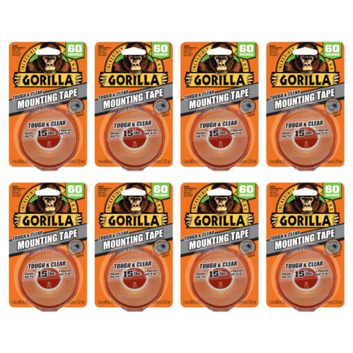 Gorilla Tough & Clear, Double Sided Mounting Tape, Weatherproof, 1" x 60", Clear, (Pack of 8) 8 Pack