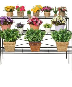 Alternative view of MyGift Black Metal Freestanding Indoor Plant Stand with 3 Tier Shelves, Decorative Storage Shelf Plant Rack