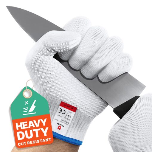 NoCry Heavy Duty Cut Resistant Work Gloves — Durable Cut Resistant Gloves with Grip Dots, Level 5 Cutting Gloves for Chefs, Perfect Wood Carving Gloves, Anti Cut Gloves for Glass Handling, Chef Gloves Medium Reinforced Grip Dot White