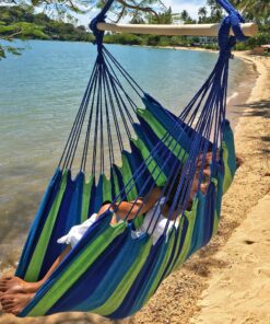Hammock Sky Large Brazilian Hammock Chair Cotton Weave - Extra Long Bed - Hanging Chair for Yard, Bedroom, Porch, Indoor/Outdoor (Blue & Green) Blue & Green (Not Include Hanging Kit) 30 91crXP8kgJL 2