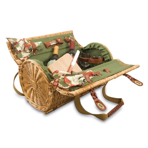 PICNIC TIME - Verona Wine & Cheese Picnic Basket - Wicker Wine Tote - Wine Basket with Picnic Set, (Pine Green) 18 x 12 x 10 Pine Green