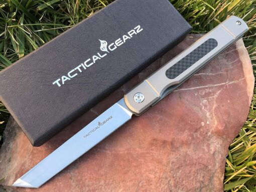 TACTICAL GEARZ Japanese Style Higonokami Front Flipper! Solid Titanium Handle! D2 Steel Tanto Blade. Includes Sheath! (Tatsu Higonokam) Tatsu Higonokam