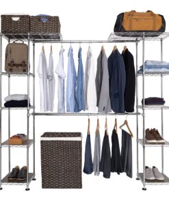 Seville Classics Closet Garment Organizer with Metal Hanging Rod Wardrobe Storage System, w/ Steel Shelves for Clothes, Shirts, Jackets, Coats, Blankets, Shoes, Steel, Expandable Rack 41 91eoe4ljyoL