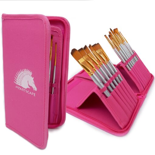 MyArtscape Paint Brushes - 15 Pc Art Brush Set for Watercolor, Acrylic, Oil & Face Painting | Short Handle Artist Paintbrushes with Travel Holder | 1 Year Warranty (Hot Pink) Hot Pink