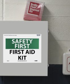 NMC SF41P OSHA Sign, "SAFETY FIRST FIRST AID KIT", 10" Width x 7" Height, Pressure Sensitive Vinyl, Green/Black on White 7 91ezAuK0emL