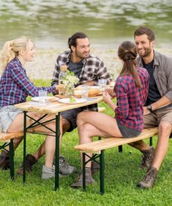 Giantex 70'' 3-Piece Portable Folding Picnic Beer Table with Seating Set Wooden Top Picnic Table for Patio Outdoor Activities Garden Use, 30'' Table Height Black(iron Frame); Wooden(tabletop & Chair Seats) 27 91gtu425yL