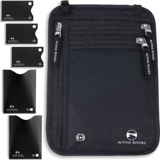 Neck Wallet Travel Pouch & Passport Holder - RFID Blocking plus 5 RFID Sleeves Deluxe Black Premium