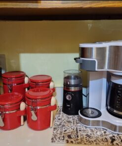 Canister Sets For The Kitchen (4 Piece Set) Red, High Gloss Ceramic | By Home Basics | Decorative | With Wooden Spoons, Countertop Set For Flour, Sugar, Coffee, and Snacks 29 91hgozp7yqL
