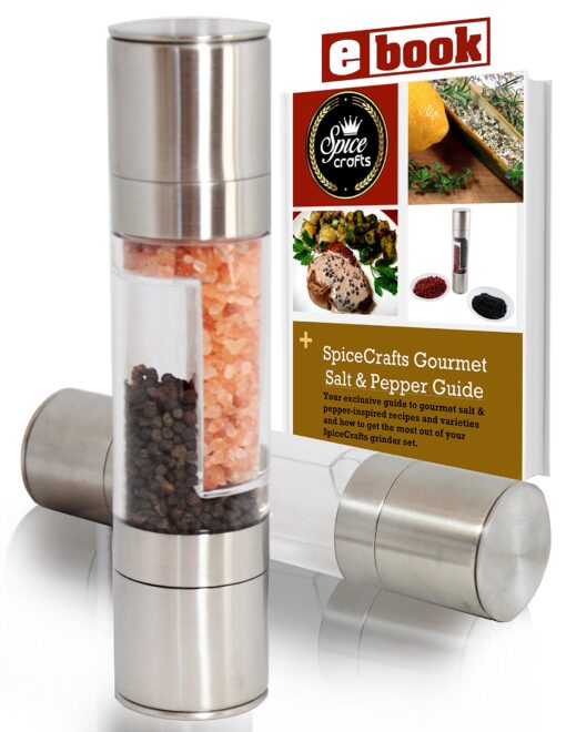 Lifestyle Dynamics The Original SpiceCrafts Salt and Pepper Grinder Set, Stainless Steel with Recipe eBook & Guide, Pure Ceramic Grinders, Dual Mill