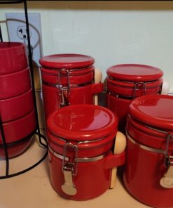 Canister Sets For The Kitchen (4 Piece Set) Red, High Gloss Ceramic | By Home Basics | Decorative | With Wooden Spoons, Countertop Set For Flour, Sugar, Coffee, and Snacks 30 91jFYGS211L