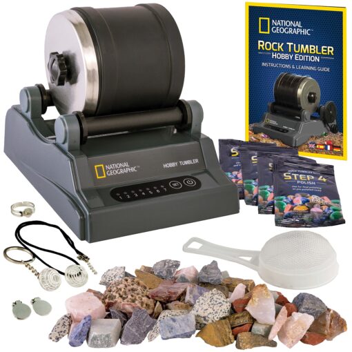 NATIONAL GEOGRAPHIC Rock Tumbler Kit – Hobby Edition Includes Rough Gemstones, and 4 Polishing Grits, Great STEM Science Kit for Geology Enthusiasts, Rock Polisher for Kids and Adults Hobby Kit