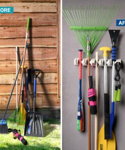 HOME IT Mop And Broom Holder - Garage Storage Systems with 5 Slots, 6 Hooks, 7.5lbs Capacity Per Slot - Garden Tool Organizer For 11 Tools - For Home, Kitchen, Closet, Laundry Room - Off-White 29 91lWAmg04L