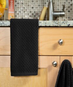Cotton Craft - 8 Pack - Euro Cafe Waffle Weave Terry Kitchen Towels - 16x28 Inches -Black - 420 GSM quality -Ringspun 2 Ply Cotton - Highly Absorbent Low Lint - Multi Purpose Black 26 91m 9O3Hb3S